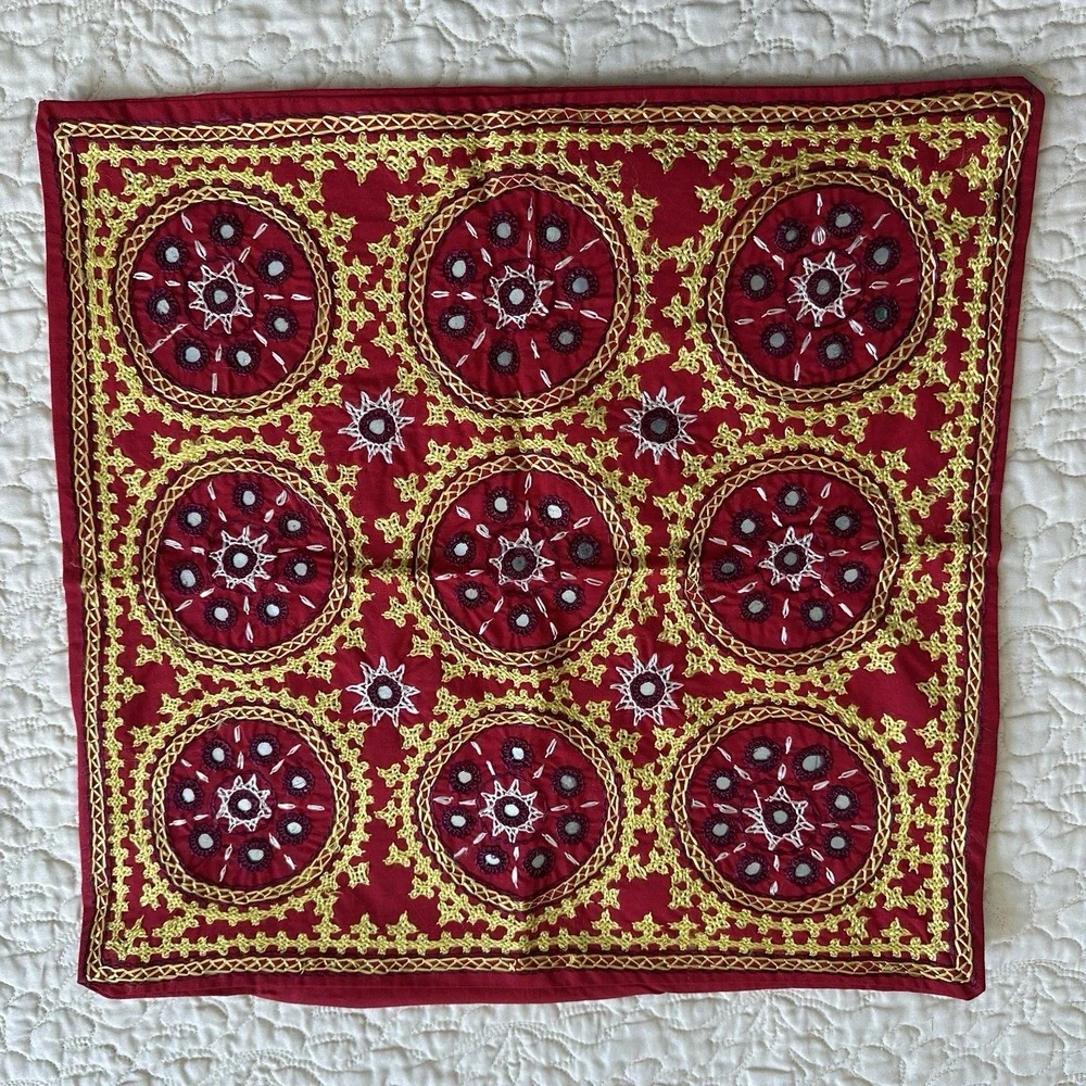 Uzbek Suzani Embroidered Pair Silk Pillow‎ Covers 17x16 Inch Medallion Crystals